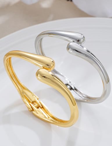 Image of Chunky Gold Bangle Bracelets for Women, Dainty 14k Gold Plated Big Stackable Bangles Set, Trendy Statement Cuff Bracelet Stack Fashion Jewelry Gifts