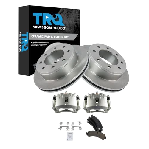 Image of TRQ Rear Brake Pad, Caliper, & Rotor Kit Ceramic Vented Compatible with 2003-2017 Chevrolet Express 2500 2005-2017 Express 3500 GMC Savana 2500 Savana 3500