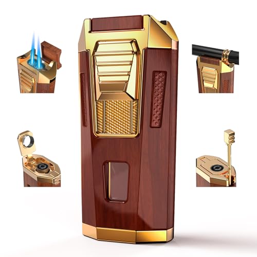 All-in-One Torch Lighter with Punch, Holder, and Draw Enhancer Tool, Adjustable Windproof 2 Jet Flame Lighters, Refillable Lighters Gift for Men (Mahogany)