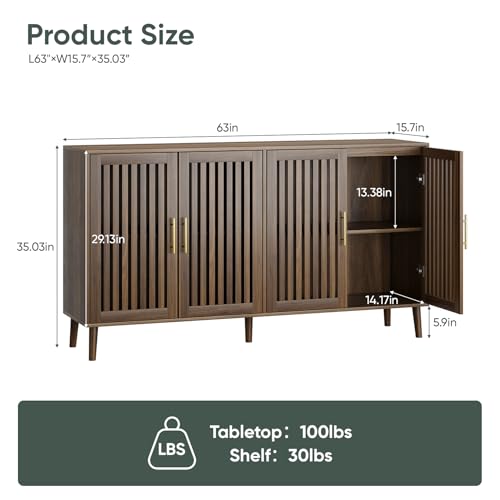 Image of Smart FENDEE 63 inch Long Sideboard Buffet with 4 Slatted Doors, Farmhouse Buffet Storage Cabinet with Adjustable Shelf, Coffee Bar Cabinet for Entryway, Kitchen, Dining Room, Living Room, Walnut Color