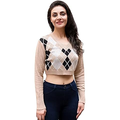 YODNBUK Women's Argyle Plaid Jumper V Neck Long Sleeve Pullover Crop Top Knitted Sweater Brown Cover