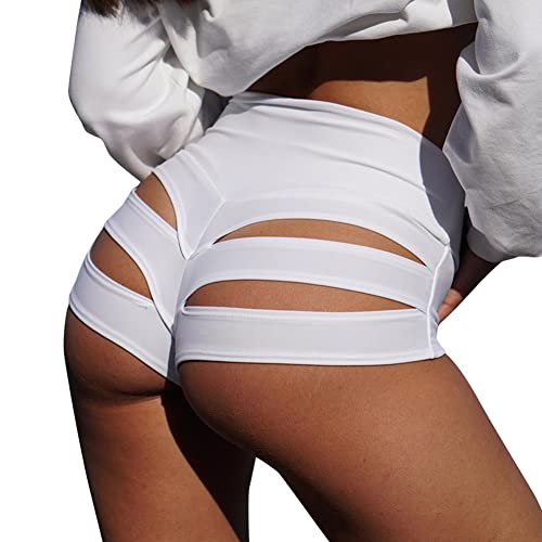 Women Sexy Yoga Hollow Out Booty Shorts High Waist Twerk Pole Dance Disco Cheeky Bottoms Workout Exercise Active Butt Lifting Sports Fitness Biker Leggings Hot Pants Festival Rave Outfit White S