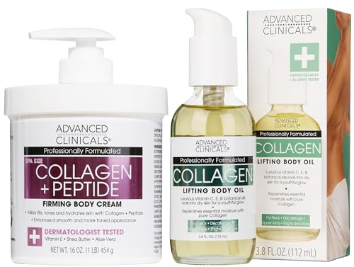 Advanced Clinicals Collagen Peptides Firming Body Lotion Face Cream + Collagen Body Oil Moisturizer 2PC Skin Care Set For Women &amp; Men | Skin Tightening Dry Skin Moisturizing Cream &amp; Massage Oil, 2PC