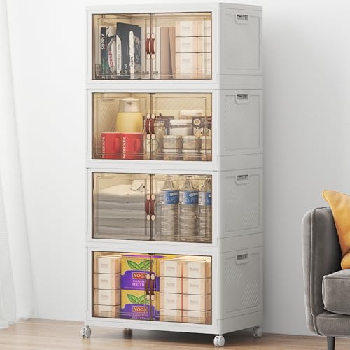 Image of UAMFURI Stackable Storage Bins with Lids, 192QT Closet Organizers, Lockable Storage Cabinet,Foldable Storage Box with Doors and Wheels, Plastic Drawers for Home, Garage, Office (4, White, Medium)