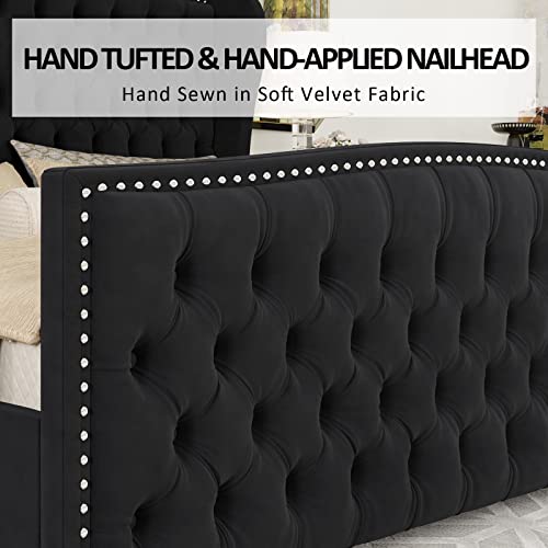 Amerlife King Size Platform Bed Frame, Velvet Upholstered Bed With Deep Button Tufted & Nailhead Trim Wingback Headboard/No Box Spring Needed/Black #TOP5