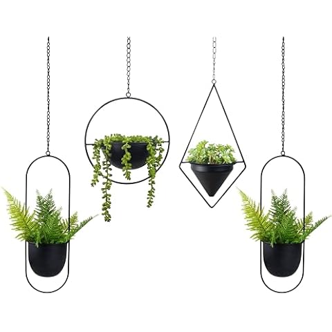 HemePaha Metal Oval Hanging Planter, Set of 4 Black Geometric Plant Hangers with Flower Pots, Modern Wall and Ceiling Plant Holders for Indoor Outdoor Plants Home Décor Cover
