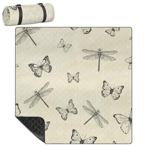 Shimoshe Extra Large Picnic Blankets 79”x 79”, Butterfly Dragonfly Waterproof Foldable Picnic Mat with Straps Portable Beach Blanket for Camping Park Grass Beach Indoor