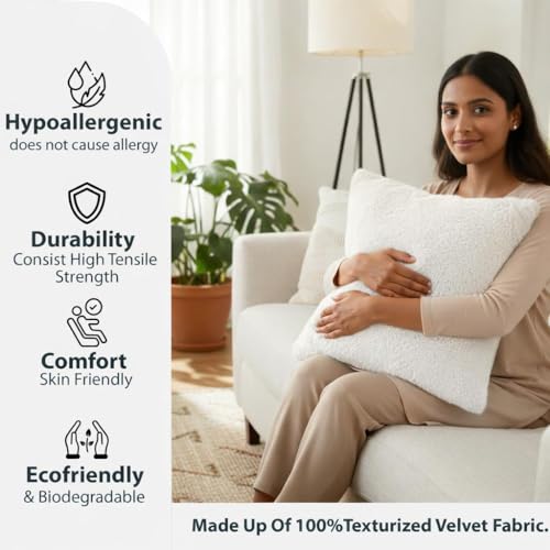 Image of Premium Faux Rabbit Fur Cushion Cover 16X16 Inch - Set of 3 | Soft Plush Decorative Square Throw Pillow Covers with Velvet Back, Washable Cushion Covers for Sofa, Couch & Bed - [White]