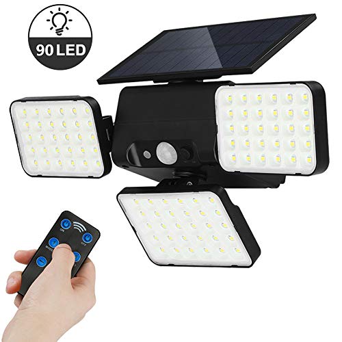 GEYUEYA Home 90 LED 600LM Lampe Solaire Extérieur Etanche IP65 avec Telecommande, Lampe de Sécurité Solaire avec 3 Modes Lumières et détecteur de Mouvement pour Jardin,Garage, Cour, Escalier