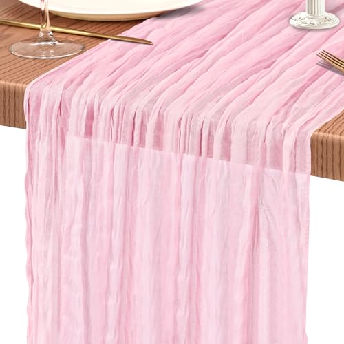 Showgeous Cheesecloth Table Runner 10FT Light Pink Table Runner Boho Gauze Cheese Cloth Table Runners Long Rustic Sheer Table Decorations for Wedding Party Baby Bridal Shower Birthday Holiday Home
