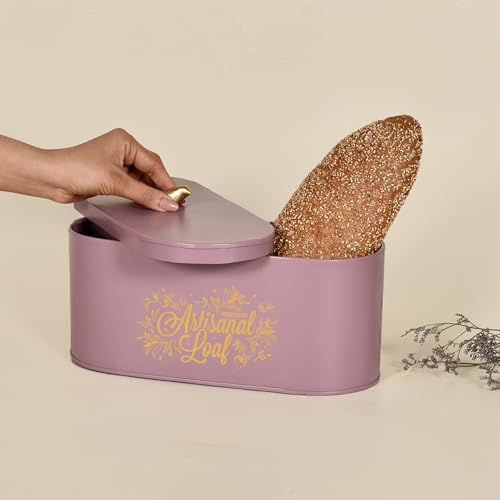 Image of Elan Gingham and Blooms Bread Box with Tweet Bird Knob, Food-Grade Storage for Bread and Bakery Storage Container (Mauve)