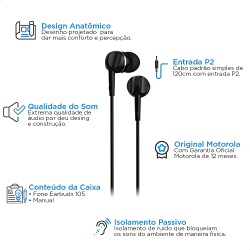Fone De Ouvido Motorola Earbuds 105, Anti Ruido Com Microfone - Preto