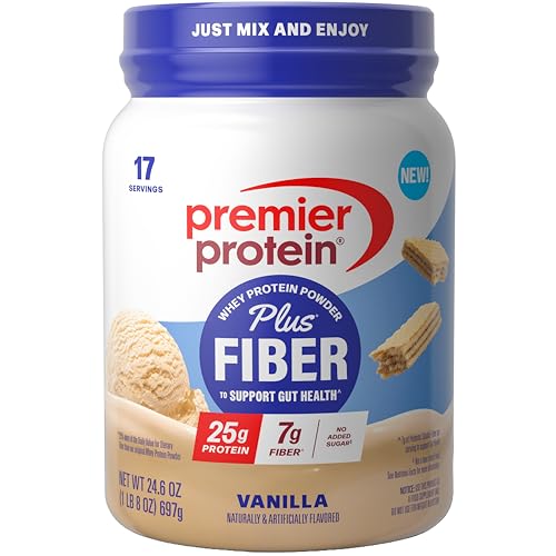 Premier Protein Powder Plus Fiber, Vanilla, 25g Protein, 7g Fiber to Support Gut Health, No Added Sugar (17 Servings)