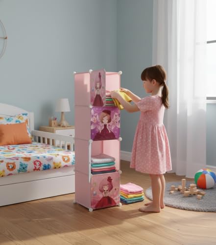 Image of KRISHYAM Kids Modular Storage Cabinet with Cartoon Princess Print Doors, 4 Cube Plastic Wardrobe Organizer, DIY Closet System with Hanging Rod, Toy & Clothes Storage (4 Box)