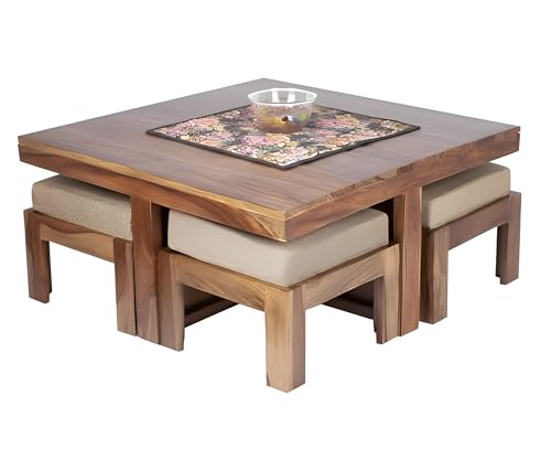 Image of Loonart Solid Sheesham Wood Coffee Table with Four Cushioned Stools | Idel for Living Room | Cafe | Restaurant | Space Saving Indoor Table Set | Finish Color - Rustic Teak Finish | Beige Cushion |