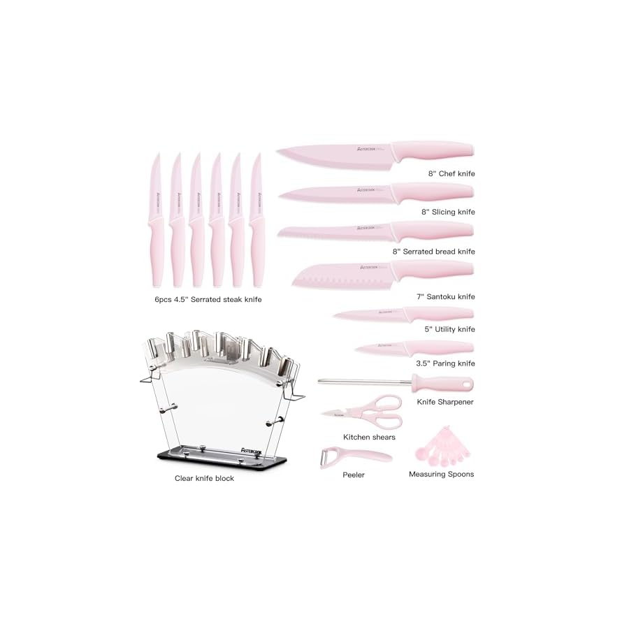 Astercook Kitchen Knife Set with Block and Sharpener 22 Piece German High Carbon Stainless Steel Knives Sharp Blade Dishwasher Safe Knife Set with Anti-slip Ergonomic Handle, Crystal Pink