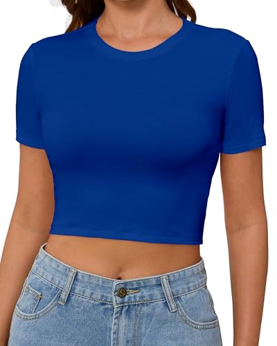 Abardsion Women's Baby Tees Slim Fit Crew Neck Short Sleeve Crop Tops - Basic Y2K T Shirts for Summer Daily Wear & Workout Royal Blue X-Small