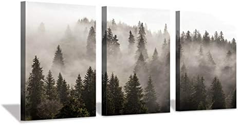 Hardy Gallery Foggy Forest Picture Wall Art: Landscape Painting Misty Pine Trees Artwork Print on Canvas for Kids Rooms(16"x12"x3pcs)
