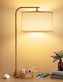 Innqoo Wood Tall Table Lamp with USB Port and Outlet, Dimmable Nightstand Bedside Lamps with Linen Lampshade, Desk Lamp for Bedroom, Living Room, Guest Room, Home Office, LED Bulb Included