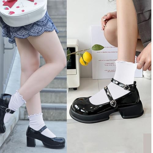 3 Pairs White Ankle Socks Woman - Casual Cotton Crew Frilly Sock,Solid Color Breathable Soft Crew Socks4