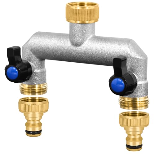 BUOAZR Distributore dell'acqua del Rubinetto a 2 Vie, Distributore a 2 Vie 3/4" Pollice in Ottone con 2 Valvole a Sfera Separate, per Regolare e Chiudere, Connettore da Giardino con 2 Adattatori