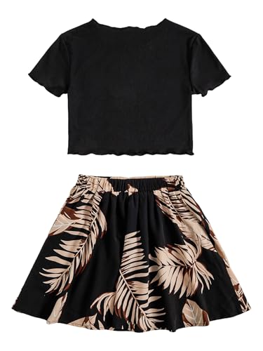 Image of SHENHE Girl's Floral Skirt Outfits Two Piece Short Sleeve Crop Top T Shirt and Skirt Set