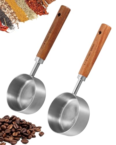 HUVZOR 2Pcs Cuchara medidora de café, retro, plata, cuchara dosificadora de acero inoxidable, cuchara dosificadora con mango de madera de nogal, perfecto para café y té,60/80ml