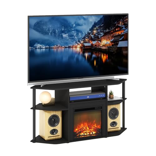 Image of Furinno Jensen Fireplace TV Stand, Corner Entertainment Center, TV Console for TV up to 55 Inch with Fireplace, Plastic Poles and Open Storage, for Living Room, Bedroom, Americano