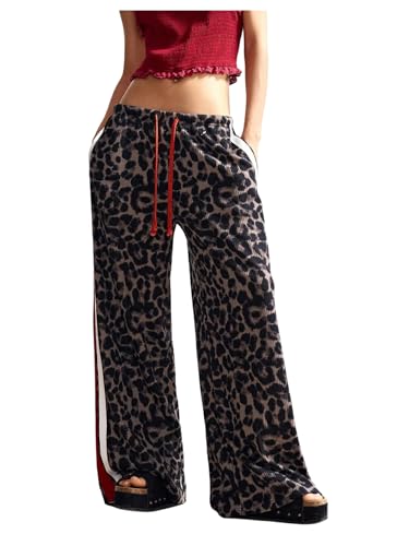 Women's Y2K Cheetah Baggy Pants Leopard Wide Leg Pants Striped Knitted Vintage Elastic Waist Trouser with Pocket