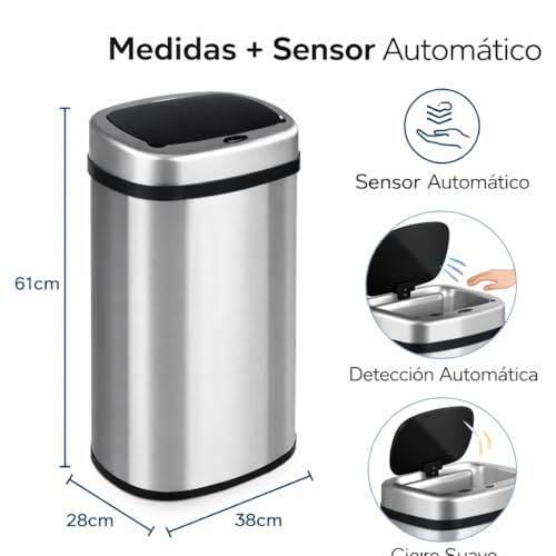 Cubo de Basura Automatico Cocina con Sensor de Movimiento Inteligente Sin Contacto | 50 litros Acero INOX Tapa Automática Carga con Pilas o Batería. Diseño moderno para hogar oficina y reciclaje - imagen 3