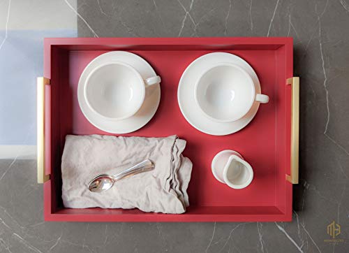 Montecito Home Decorative Coffee Table Tray - Ottoman Tray - Breakfast, Drinks, Liquor Serving Tray - from Farmhouse to Modern - Matte Finish - Champagne Gold Handles - Crimson Red