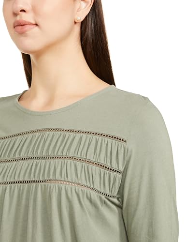 Image of Marks & Spencer Womens Solid Cotton Crew Neck Regular Fit Long Sleeve Top