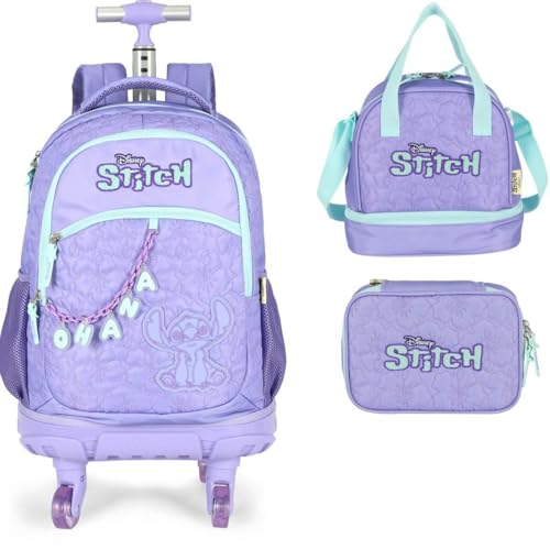 Mochila Infantil Rodinhas Stitch com Lancheira e Estojo 100 Pens Roxo
