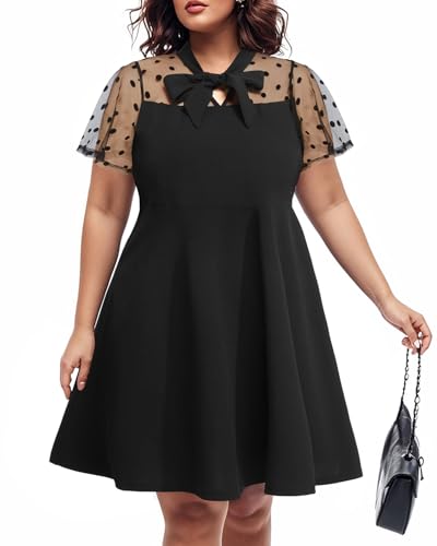 Pinup Fashion Women's Plus Size Contrast Mesh Short Sleeve Bow Tie Neck Cocktail Party Elegant A-Line Dress3
