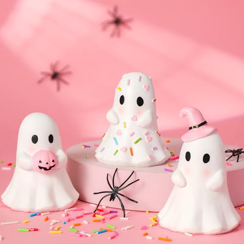Yousoontic 3 Pcs Pastel Halloween Ghost Figurines Pink White Cute Ghost Summer Halloween Table Decor Tiered Tray Decorations Pastel Resin Statue Centerpieces for Home Mantel Tabletop Desk Party Office