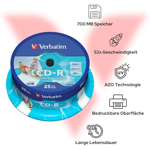 Verbatim CD-R AZO 700 MB - 52-fache Brenngeschwindigkeit - CD-Rohle - Bedruckbar - Kratzschutz - 25 Stück Spindel