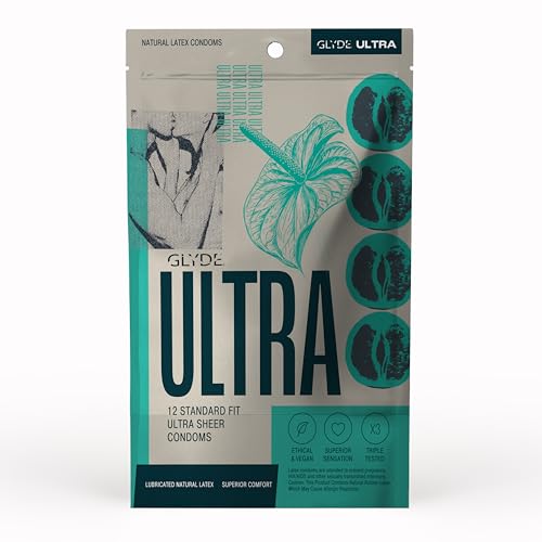 GLYDE Ultra - Standard Fit Condoms - 12 Count - Ultra-Thin, Vegan Medium Size Natural Rubber Latex, 53mm for Silky Fit