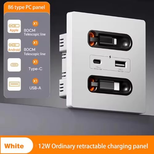 Prise Murale Universelle 12W Double Bloc avec Câble Rétractable USB-C et USB-A