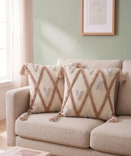Image of Furnistitchs Handmade Cotton Bohemian Home Decor Cushion Cover 24x24 inches / 60x60 cms - Boho Chic Couch Sofa Throw Living Room Bedroom Cushions (2, Beige Cross)