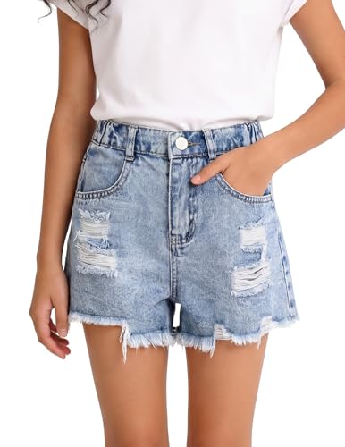 PATPAT Girls Ripped Jean Shorts 5-14Y Y2K Vintage Mid Waist Straight Leg Denim Shorts with Elastic Waistband & Frayed Hem