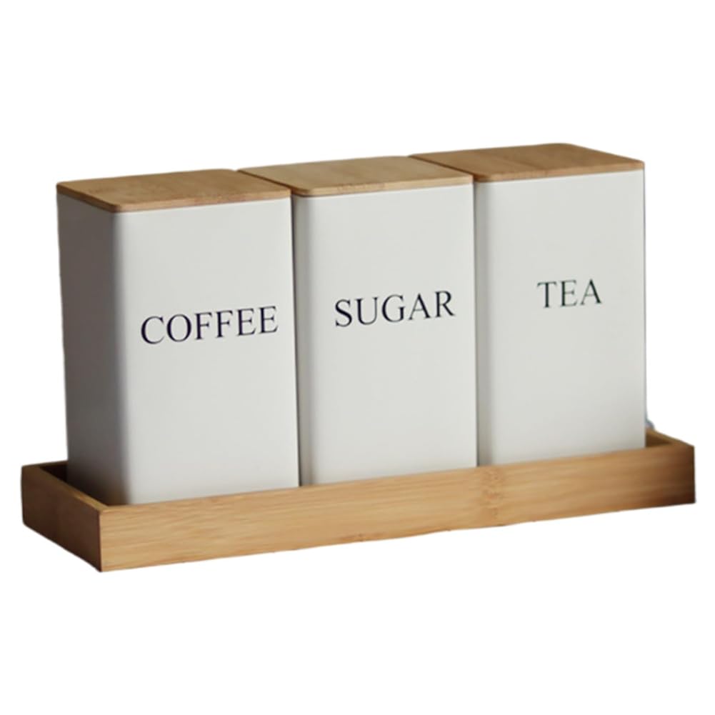 CTRLZS 3PCS Set Tea Coffee Sugar Canister Set with Tray Iron Tea and Coffee Jars with Bamboo Lid Coffee Sugar Tea Containers B