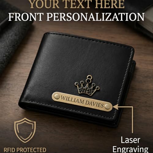 Image of Customized Wallet for Men with Name & Charm (Black) | Personalised Stylish Leather Wallet for Boy | Personalized Unique Gift with Card Slots & Cash Compartment for Boys, Employees