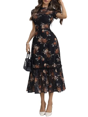 Image of GothDark Women's Summer Floral Mesh Ruffle Dress Short Sleeve Round Neck Waist Cinched Casual Maxi Wedding Guest Dresses