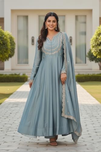 Image of Yashika Women's Silk Blend Embroidered Anarkali Kurta Set with Dupatta | Full Length Ethnic Wear for Women | Wedding