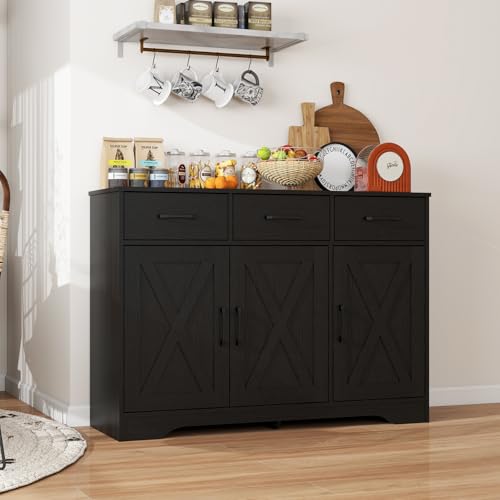 Panana Wooden Sideboard 3 Drawers 3 Doors Entryway Dining Room Console Living Room Storage Farmhouse Sideboard Cabinet (Black) - Image 9