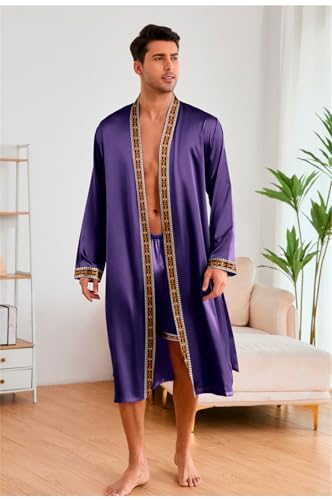 Men's 2 Pieces Satin Pajama Sets Long Sleeve Kimono Robe With Shorts Set Homewear Sleepwear3