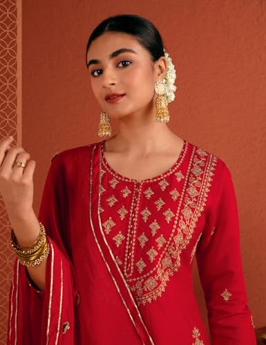 Image of Kaari Women's Embroidered Kurta Set with Dupatta - Straight Fit | Silk Blend Fabric with Zari Embroidery | Gota Patti Work Cotton Dupatta | Kurta Set For Women