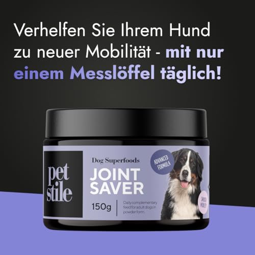 Petstile Joint Saver®: Kollagen, Glucosamin, Teufelskralle, Grünlippmuschel & Hagebutte – unterstützt Gelenke, Hüfte & Mobilität Erwachsener Hunde, wirkt entzündungshemmend (1x 150 g)