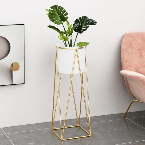 Image of LIBAN Modern, Stylish Metal Planter with Stand for Indoor & Outdoor Plants | Tall Plant Pot for Living Room, Balcony, Garden | Decorative Floor Flower Pot (Set of 1) (White)