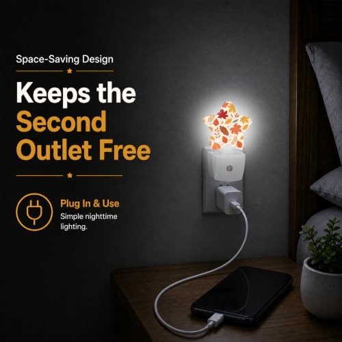 Image of Star Night Light Plug in, Maple Leaves Dusk to Dawn Sensor Night Light, Soft Glow Lamp for Kids Bedroom Nursery Hallway Bathroom, Energy Saving Compact Design